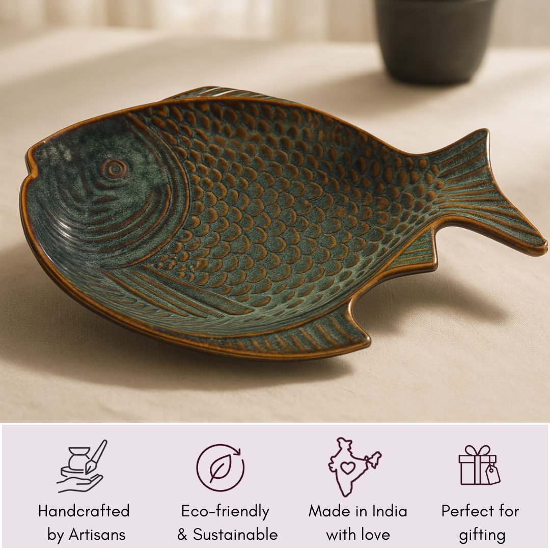 Platter with overlay icons—Handcrafted, Eco-Friendly, Made in India, Gifting-Ready