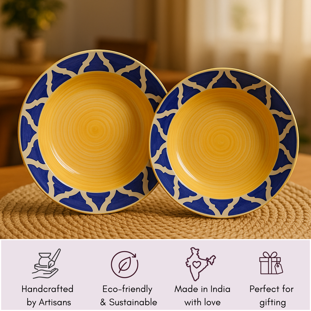 IndoCasa Handcrafted Ceramic Pasta Plate Set of 2– Yellow & Cobalt Blue Moroccan pattern