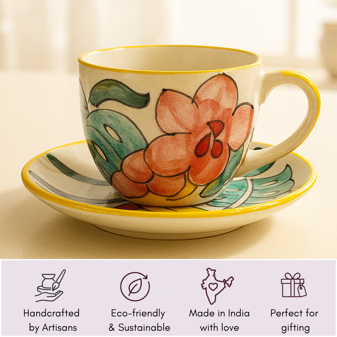 Detailed hero image of a ceramic tea cup and saucer on a soft white background emphasizing hand-painted floral textures