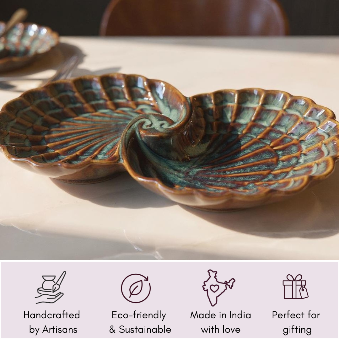 Handcrafted dual-compartment platter with icons for gifting, sustainability, and made in India