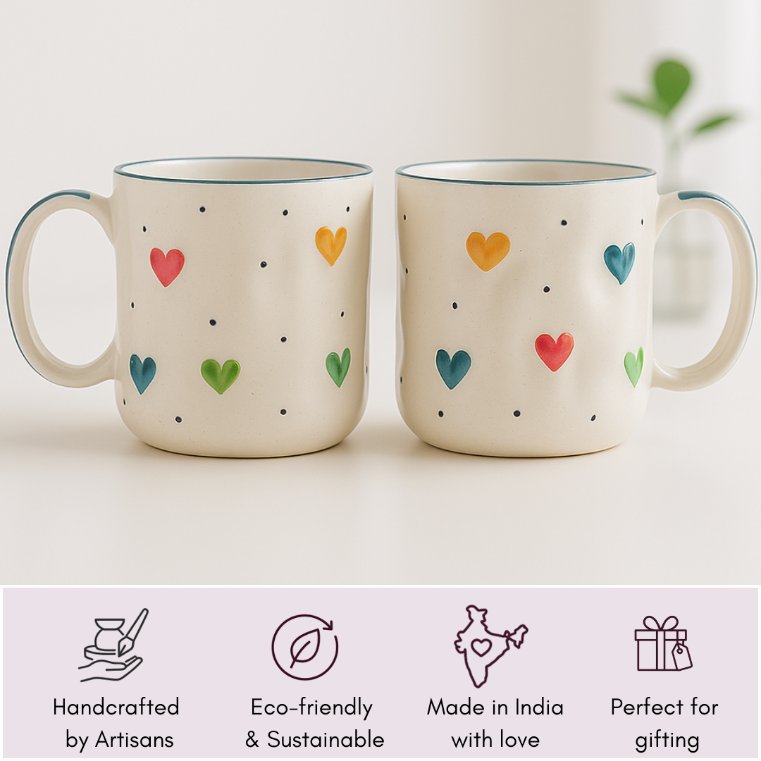 “IndoCasa handcrafted mugs made in India with heart design – perfect for gifting.”