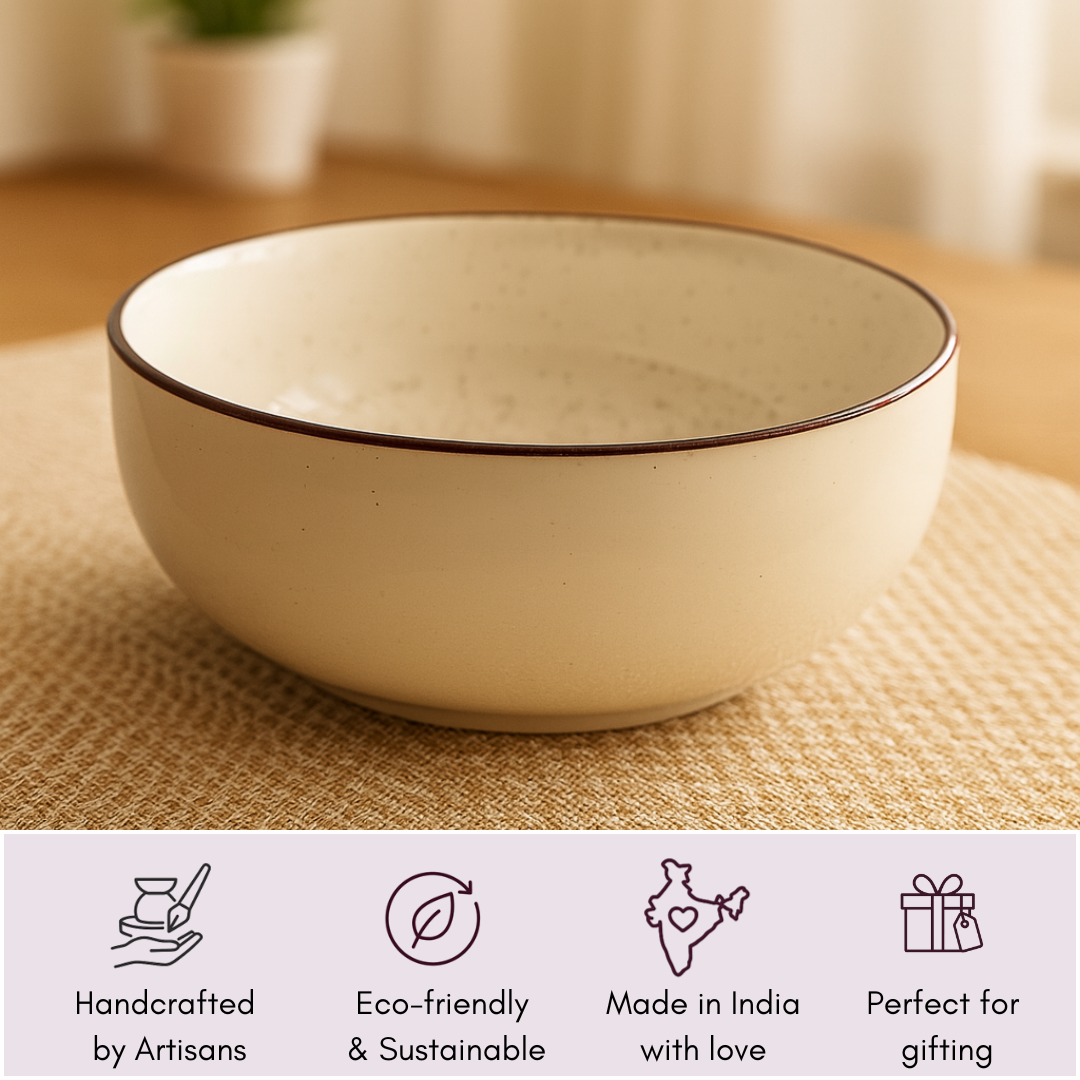 IndoCasa Handcrafted Ceramic Bowl Set of 2- Off-White with Brown Rim (6.5”)