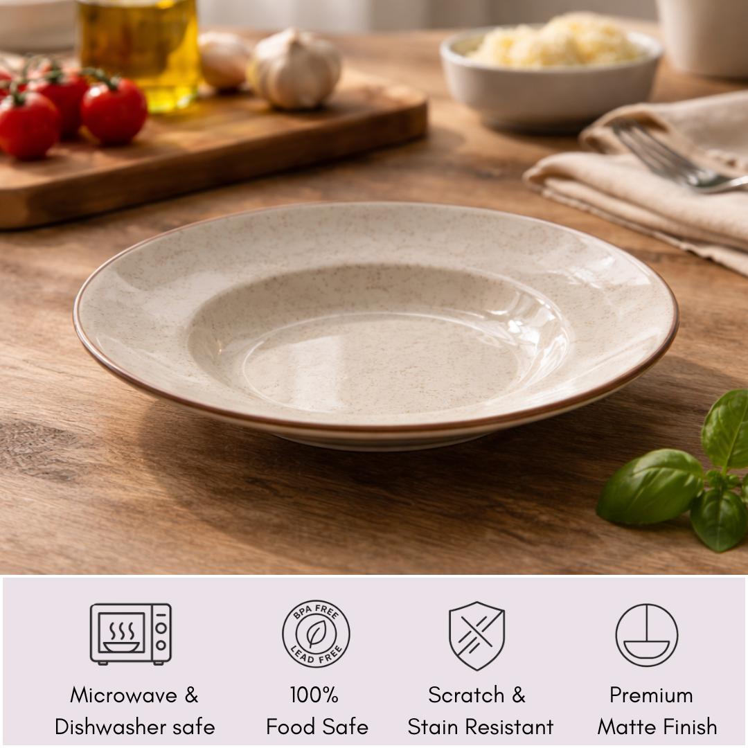 IndoCasa Handcrafted Ceramic Pasta Plates | Speckled Off-White with Brown Rim | 26.5 cm | Set of 2 / 4