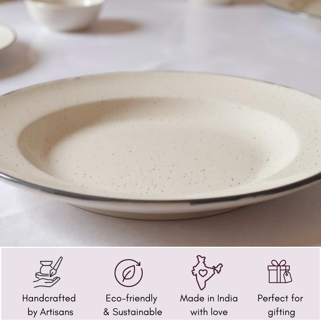 Beige ceramic plate on a white surface with eco-friendly and sustainable attributes displayed below.