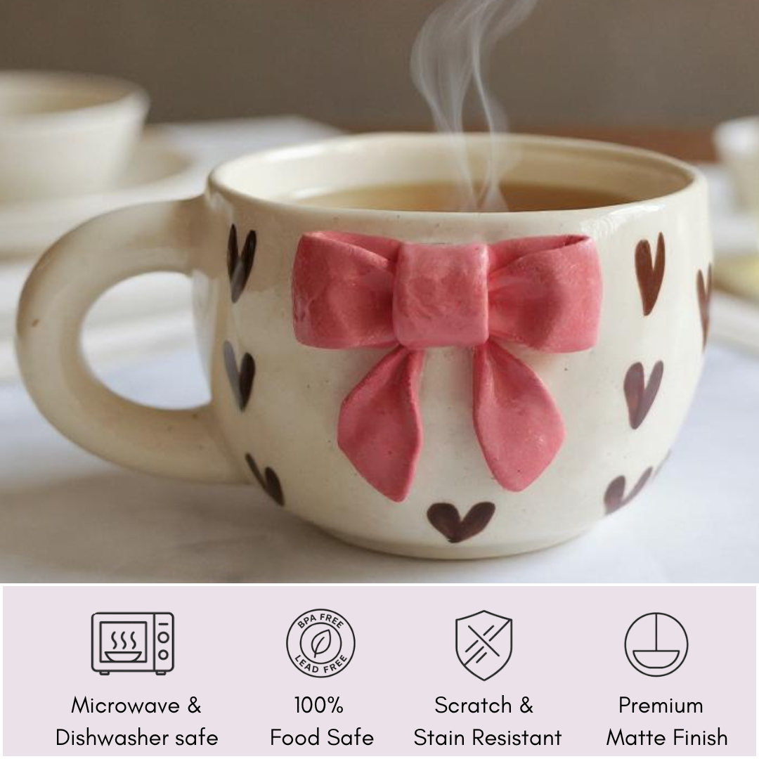 IndoCasa ceramic mug highlighting features: microwave safe, food safe, stain resistant, premium matte finish
