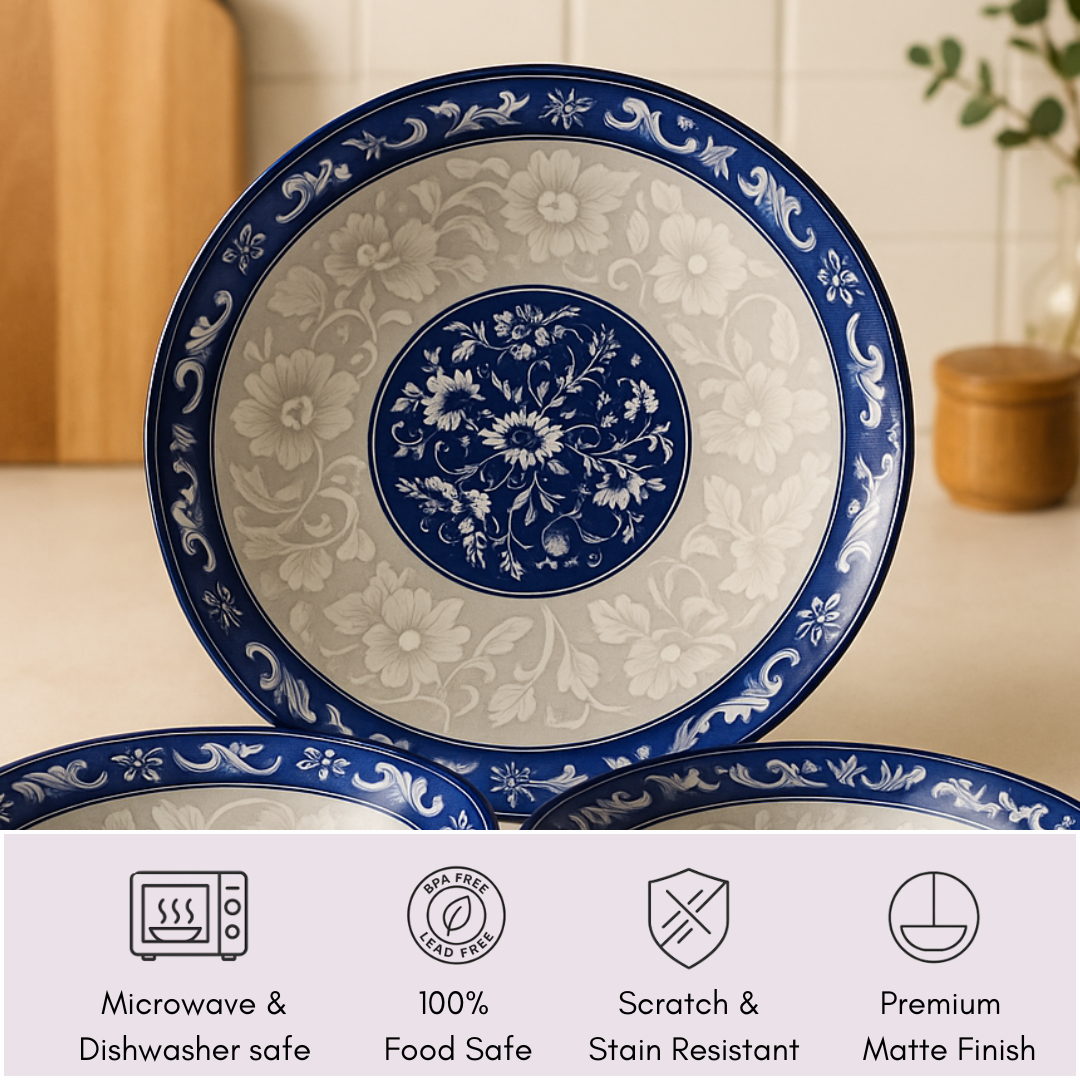 IndoCasa ceramic plate with icons showing it is microwave safe, food safe, and stain-resistant