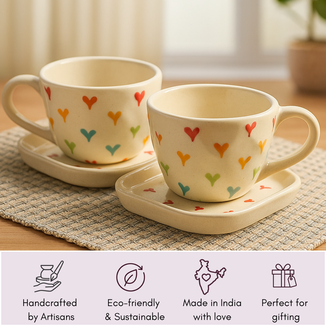 Pair of mugs with icons showing sustainability, gifting, and craftsmanship