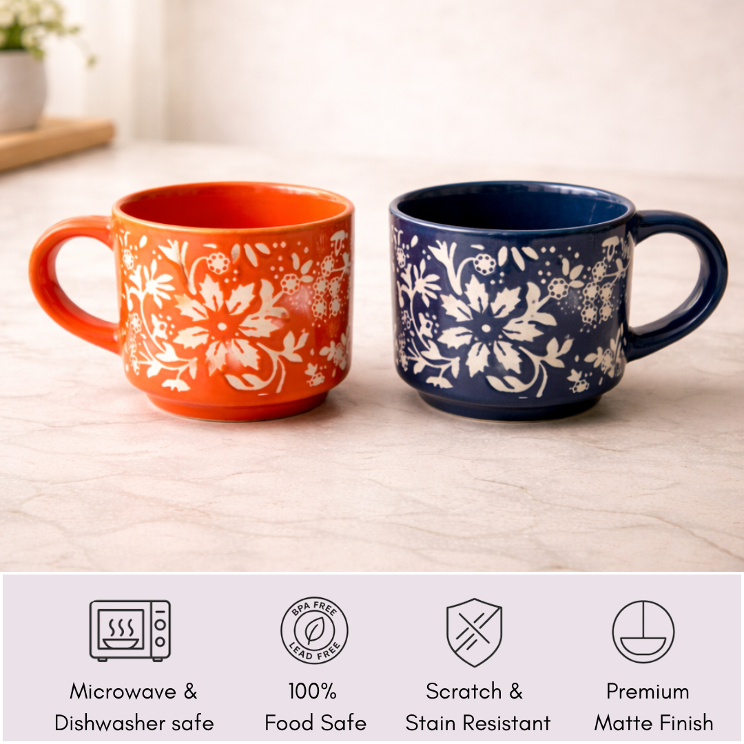 IndoCasa Ocean Floral Cups – Stackable Handcrafted Ceramic Coffee & Tea Mugs with Stand | Floral Design | Microwave & Dishwasher Safe | 220 ml (Set of 4)