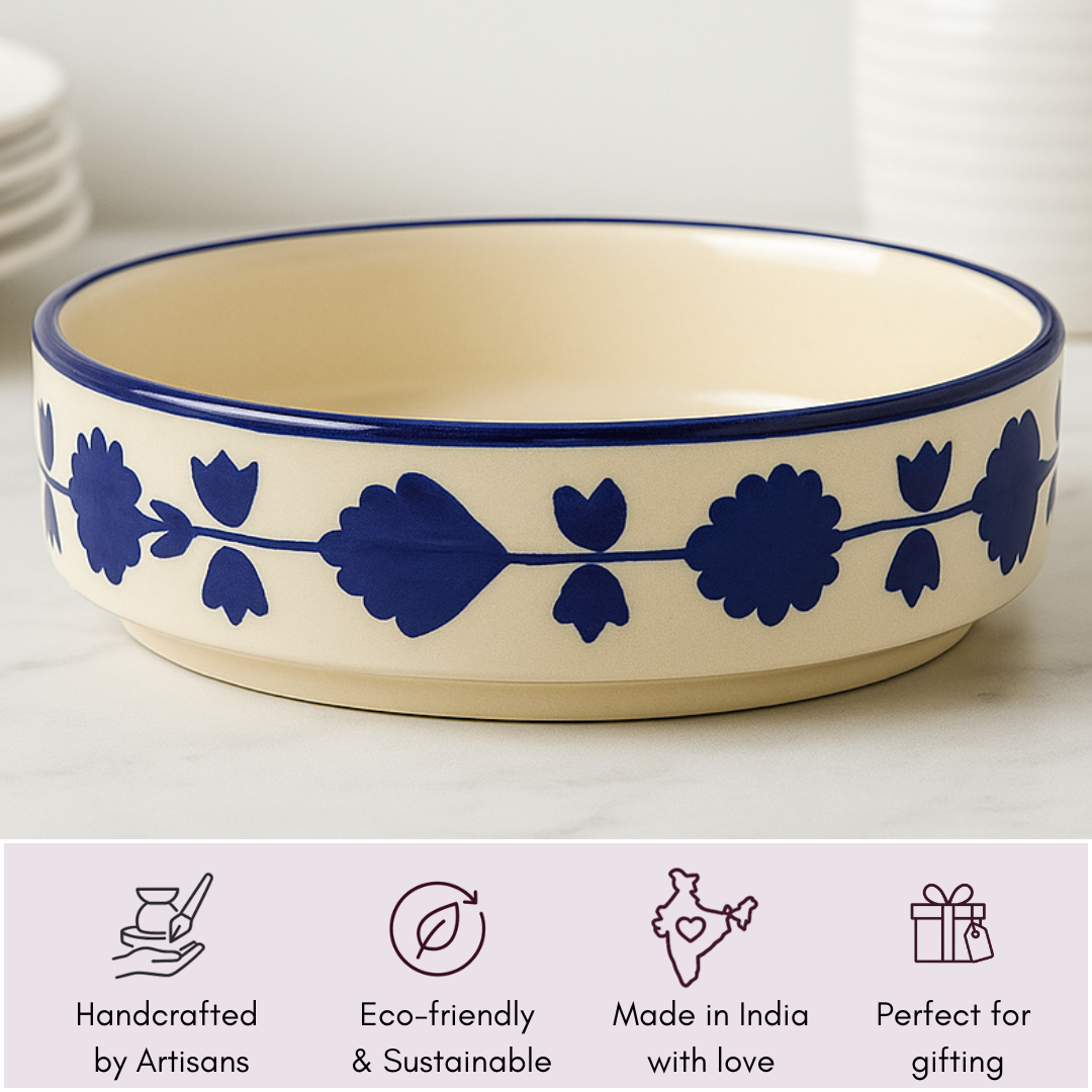 Artisan-made ceramic bowl beside icons showing eco-friendly, made in India, handcrafted, and gifting suitable.