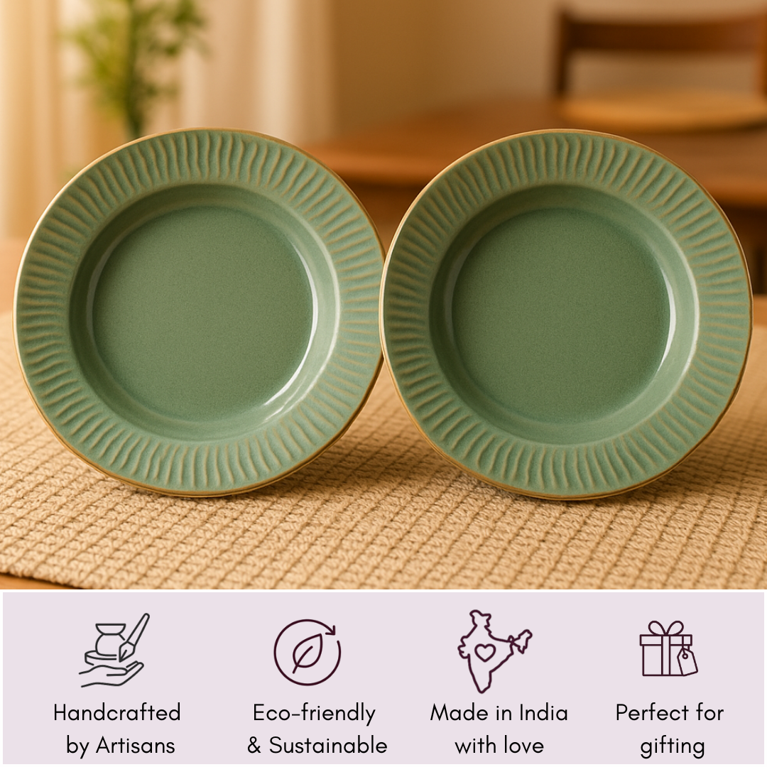 Indocasa Handcrafted Ceramic Deep Soup Plate / Shallow Bowl Set of 2 | Green Artisanal Plates for Snacks, Starters, Salad, Maggi, Noodles & Side Pasta | 7in