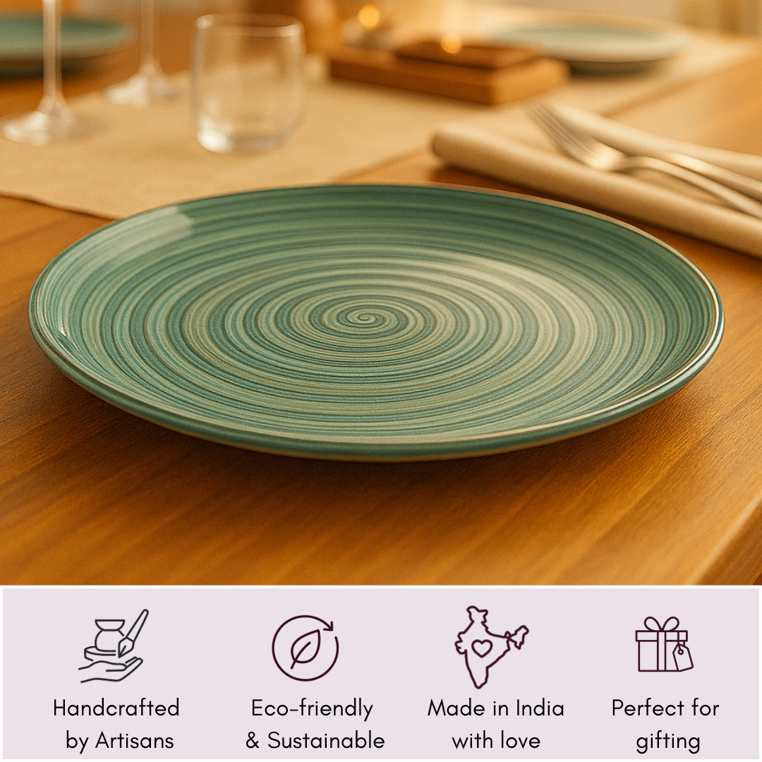 IndoCasa Handcrafted Ceramic Dinner Plate Set- 26 cm | Green Spiral Glazed Plates |Set of 4