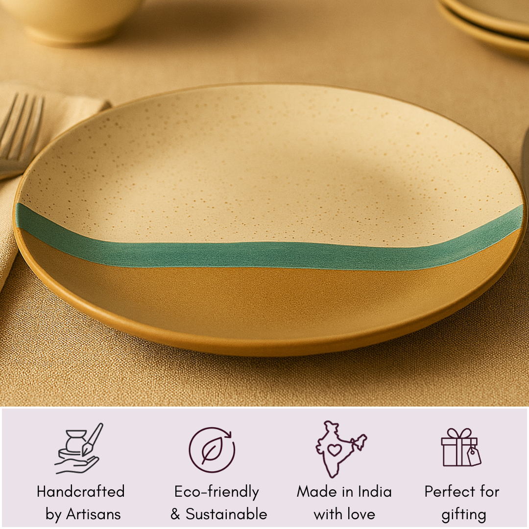 Handcrafted ceramic plate with teal stripe – eco-friendly, made in India, and gifting-ready features