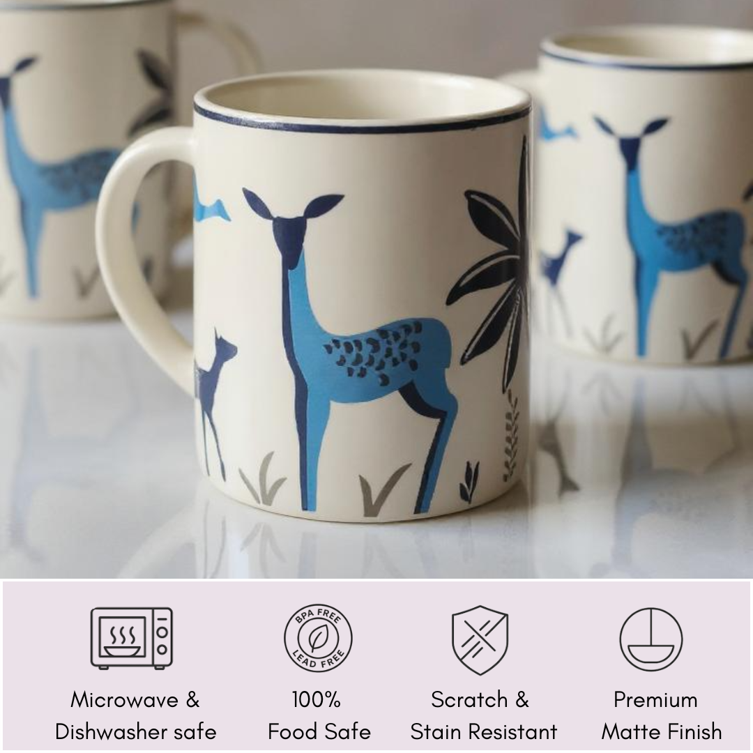 Feature icons showing microwave safe, food safe, premium finish, handcrafted