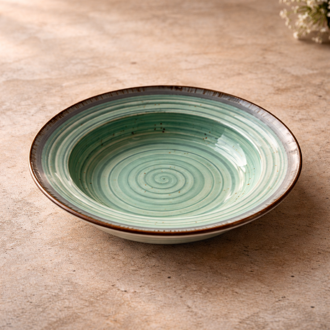 IndoCasa Handcrafted Ceramic Pasta Plate Set of 2,4 | Deep Round 9” Plates for Pasta, Salads, Bowls & Mains | Microwave & Dishwasher Safe | Sage Green with Speckled Glaze| Gift-Ready