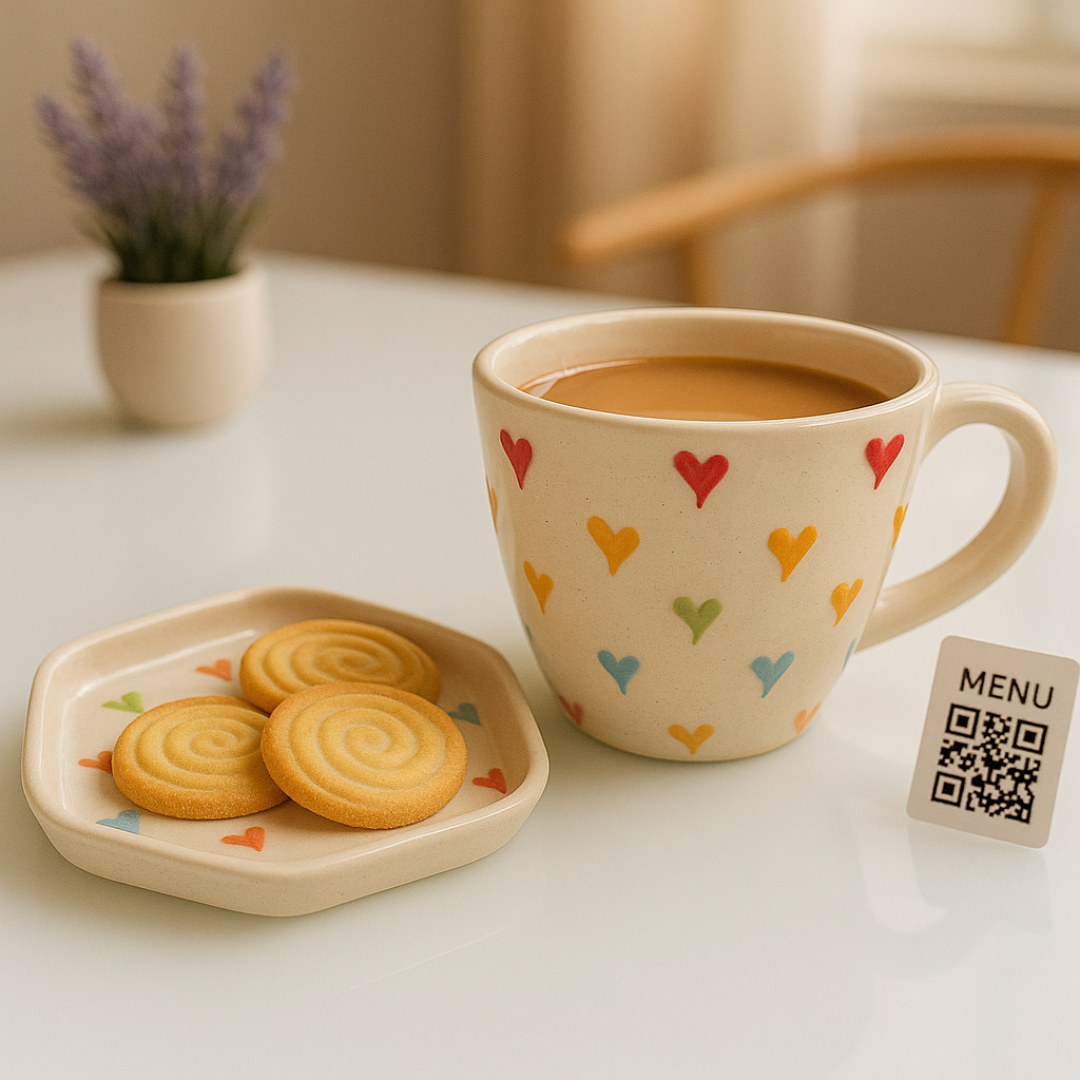 Heart mug filled with chai placed on plate with cookies and a menu QR code