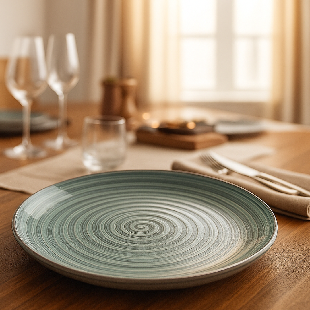 IndoCasa Handcrafted Ceramic Dinner Plate Set- 26 cm | Green Spiral Glazed Plates |Set of 4
