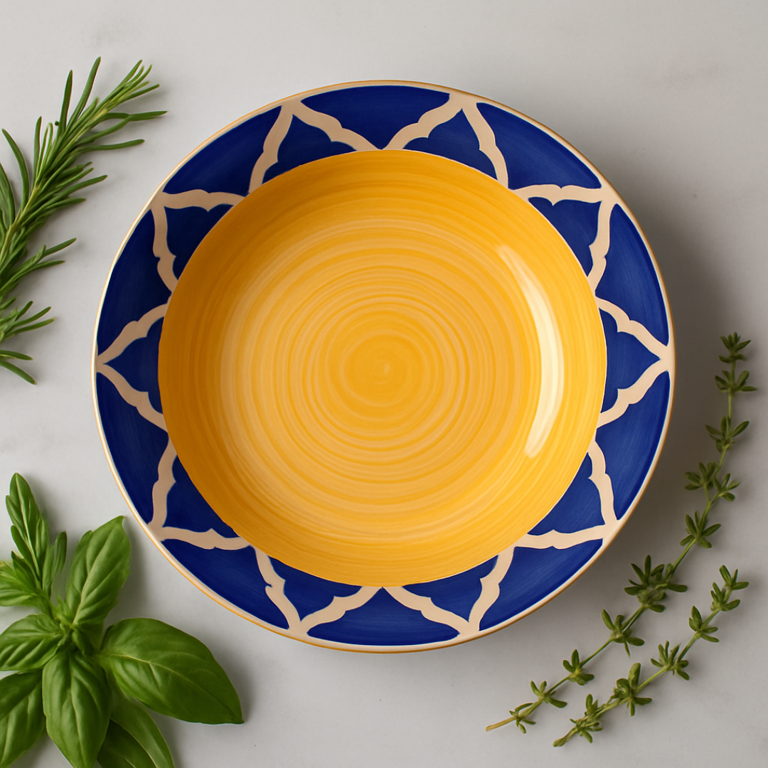 IndoCasa Handcrafted Ceramic Pasta Plate Set of 2– Yellow & Cobalt Blue Moroccan pattern