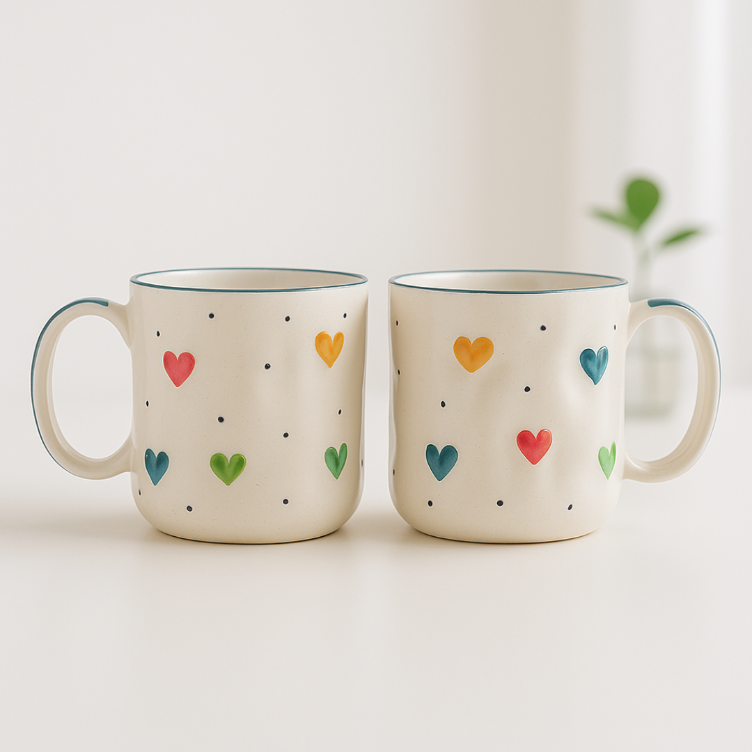“Front view of IndoCasa heart-patterned ceramic mugs in multicolor on ivory matte finish.”