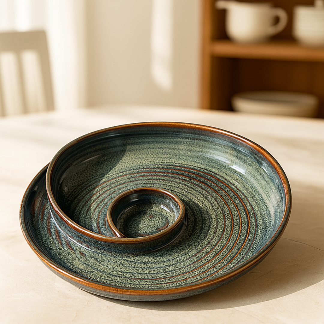 Top view of IndoCasa ceramic spiral platter with natural sunlight falling on a neutral dining table
