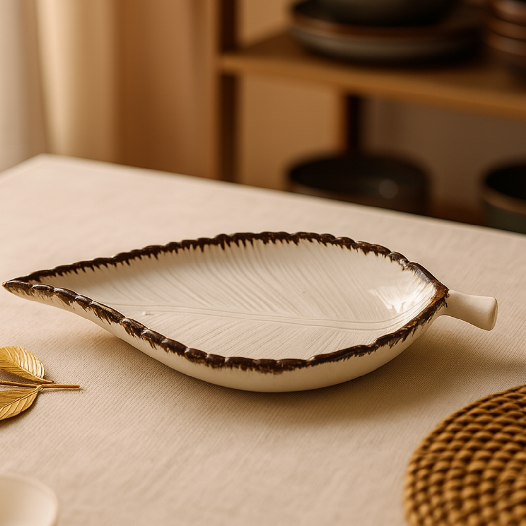 Ceramic leaf platter placed on a warm-toned dining table with ceramic plates in the background.