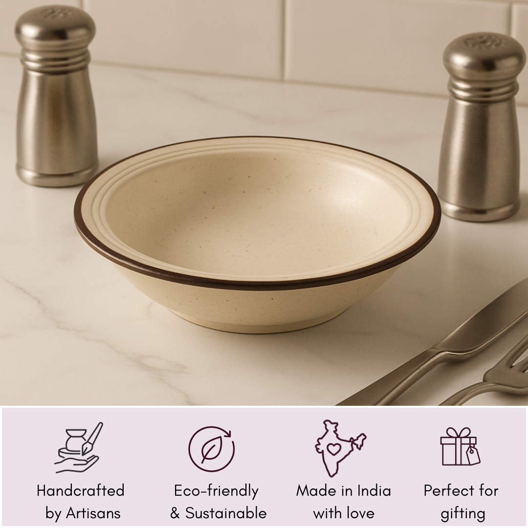 IndoCasa Handcrafted Ceramic Shallow Breakfast Bowls Set of 4 | 18 cm Speckled Off-White with Brown Rim