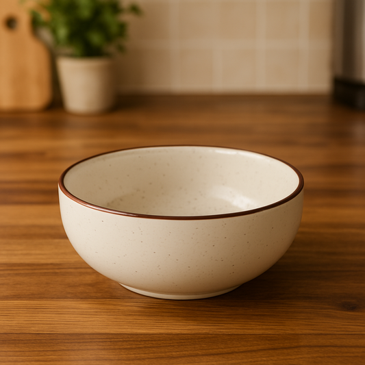 IndoCasa Handcrafted Ceramic Bowl Set of 2- Off-White with Brown Rim (6.5”)