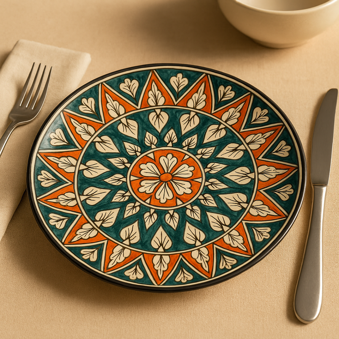 Close-up of plate with floral pattern in green and rust