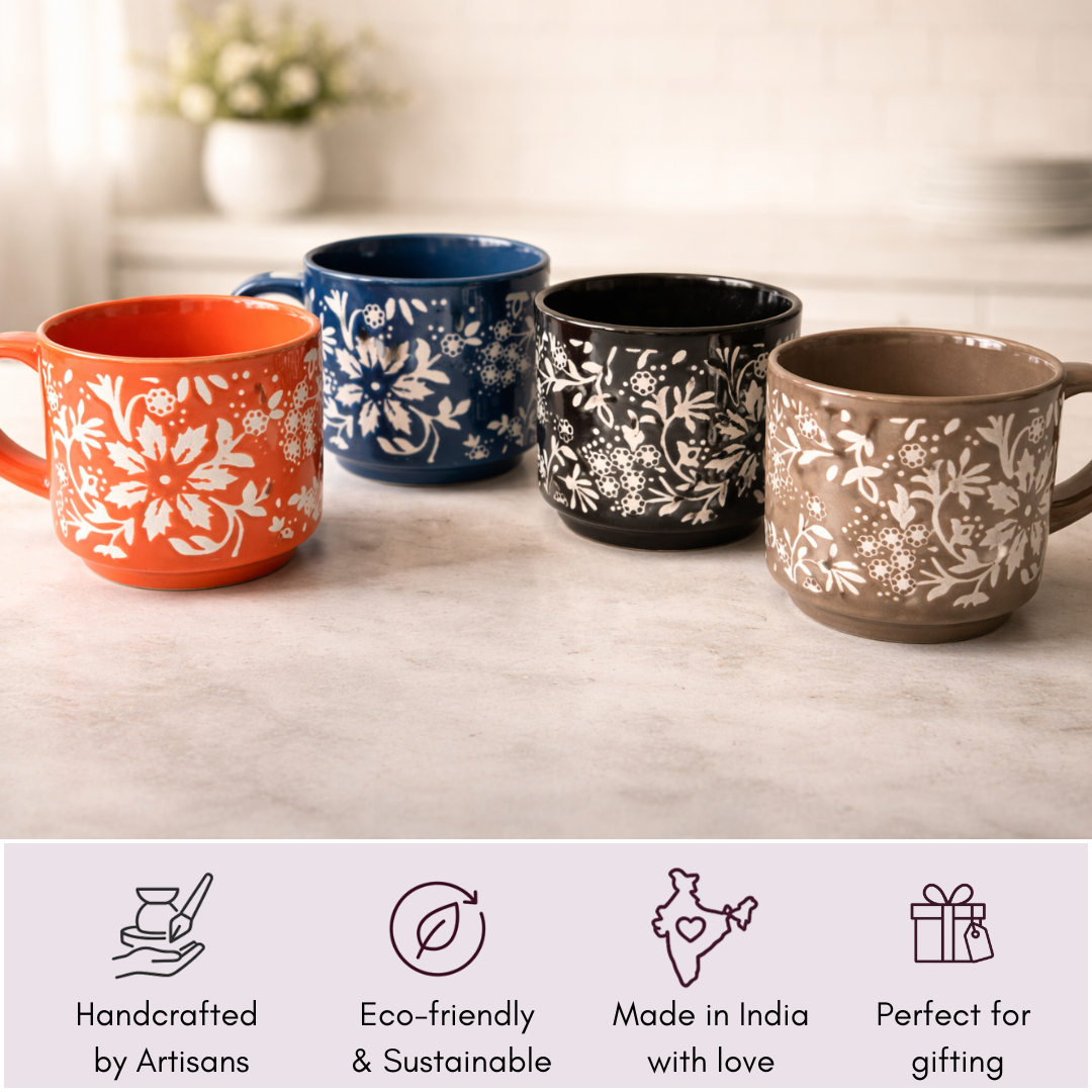IndoCasa Ocean Floral Cups – Stackable Handcrafted Ceramic Coffee & Tea Mugs with Stand | Floral Design | Microwave & Dishwasher Safe | 220 ml (Set of 4)