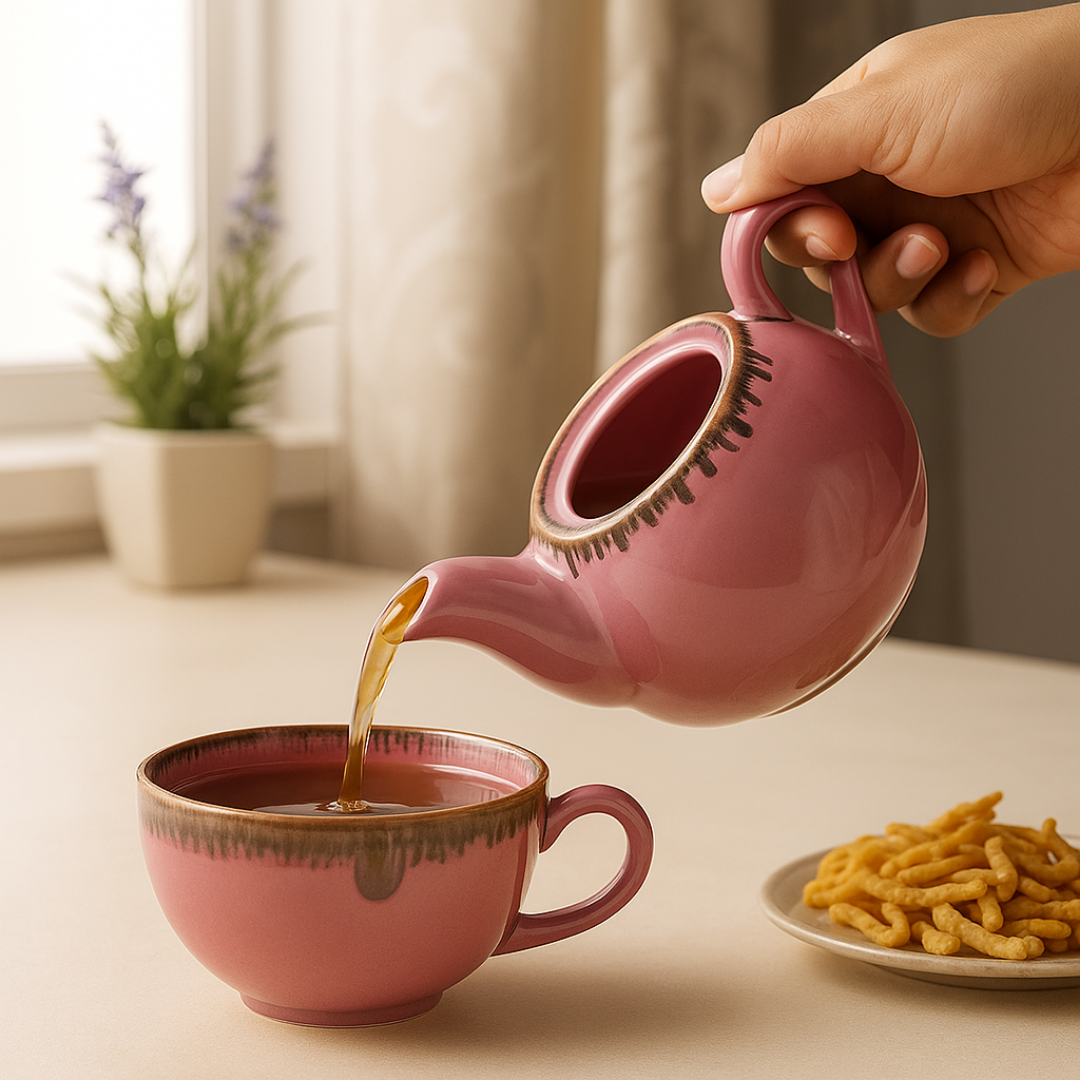 Tea being poured from pink ceramic teapot into cup with snacks in the background.
