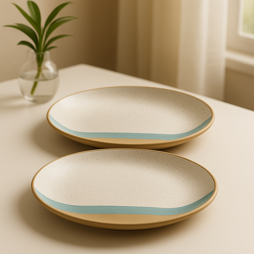 Two ceramic plates with a beige rim on a beige surface, with a plant in the background.