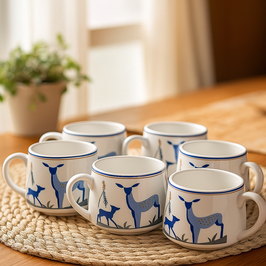 “Set of six IndoCasa deer-themed chai mugs placed on a woven mat in soft daylight.”