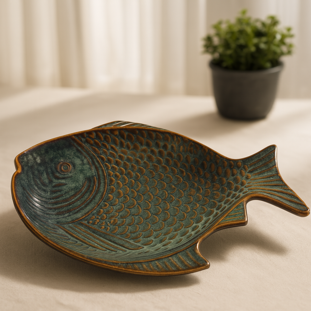 Fish-shaped ceramic plate on a dining table with soft white curtain and potted plant in the background