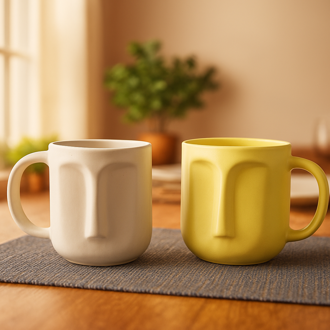 “Yellow and white sculptural mugs with embossed face design placed together on a neutral table runner – modern boho aesthetic.”