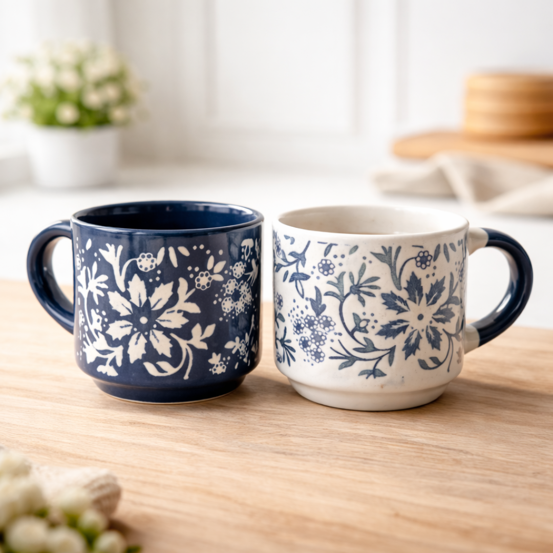 IndoCasa Ocean Floral Cups – Stackable Handcrafted Ceramic Coffee & Tea Mugs with Stand | Floral Design | Microwave & Dishwasher Safe | 220 ml (Set of 4)