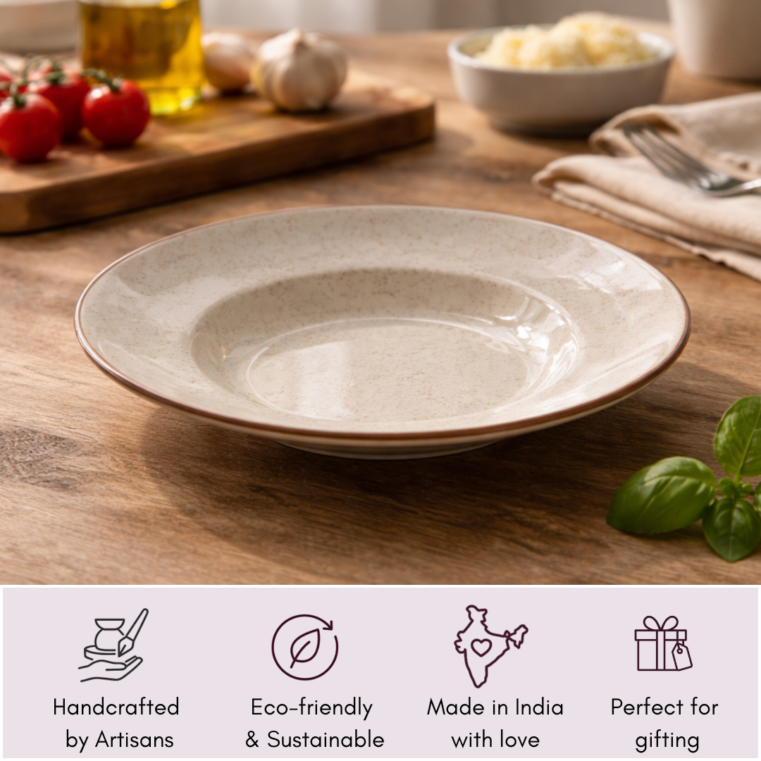 IndoCasa Handcrafted Ceramic Pasta Plates | Speckled Off-White with Brown Rim | 26.5 cm | Set of 2 / 4