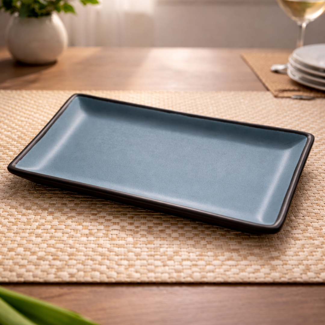 IndoCasa Handcrafted Ceramic Rectangular Serving Platter Set of 2 | Minimal Blue-Grey Glazed Platters for Snacks, Starters, Sushi & Desserts | 9.5 x 5.5 Inch | Microwave & Dishwasher Safe | Elegant Gifting