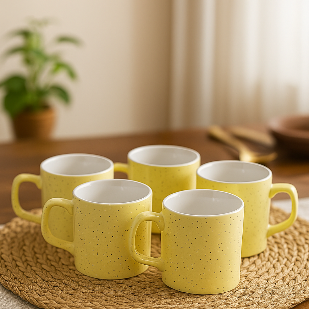 Five yellow mugs arranged aesthetically on a table with a soft natural background.