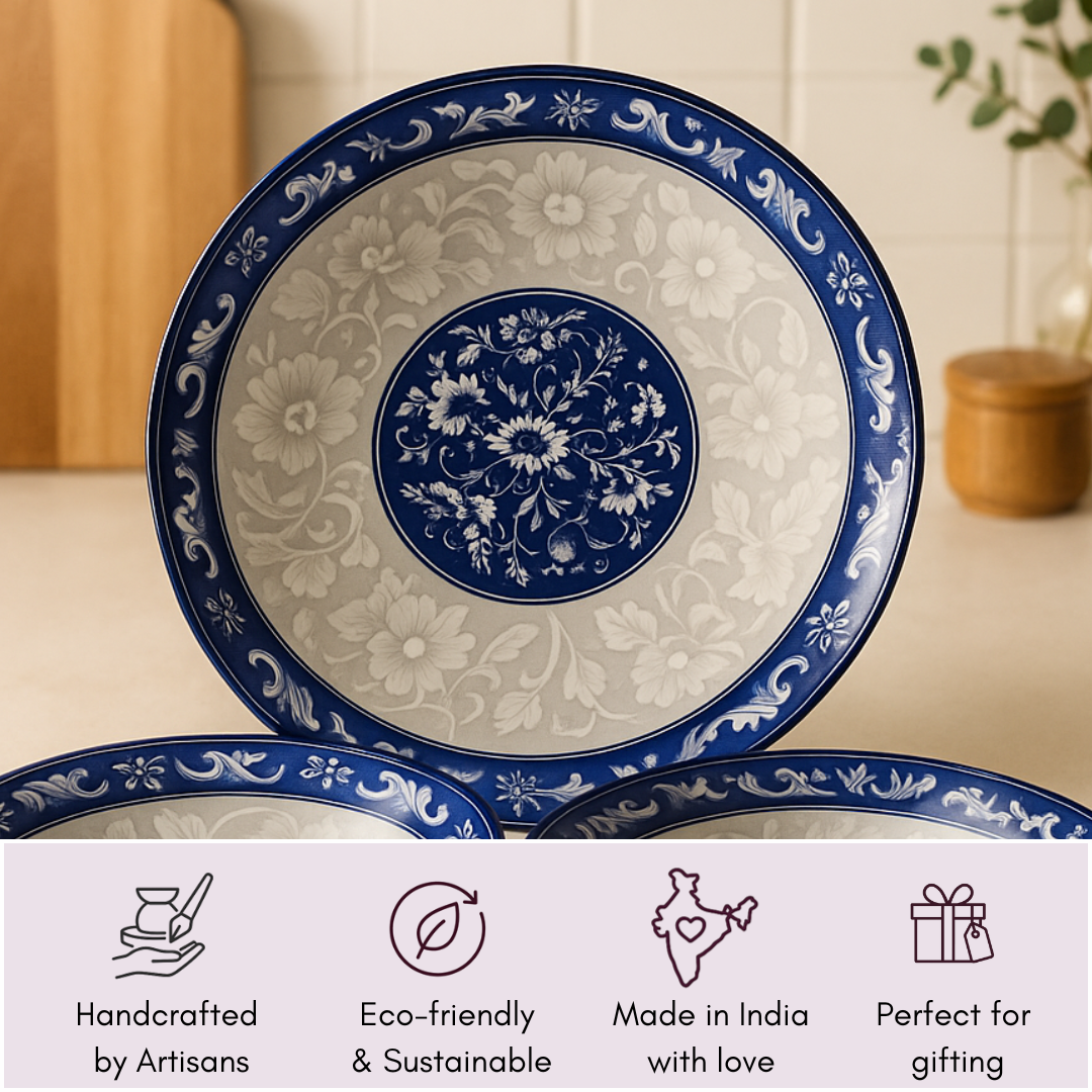 Decorative plate with blue floral design on a neutral background