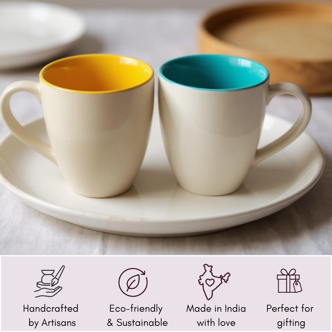 Artisan-made IndoCasa mugs with eco-friendly, Indian-made and gifting icons
