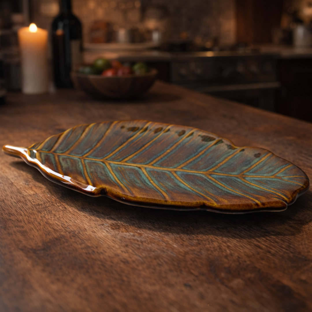 IndoCasa Handcrafted Leaf-Shaped Ceramic Platter | Brown & Green Glazed | 13” Snack & Appetiser Plate | Microwave Safe | Made in India
