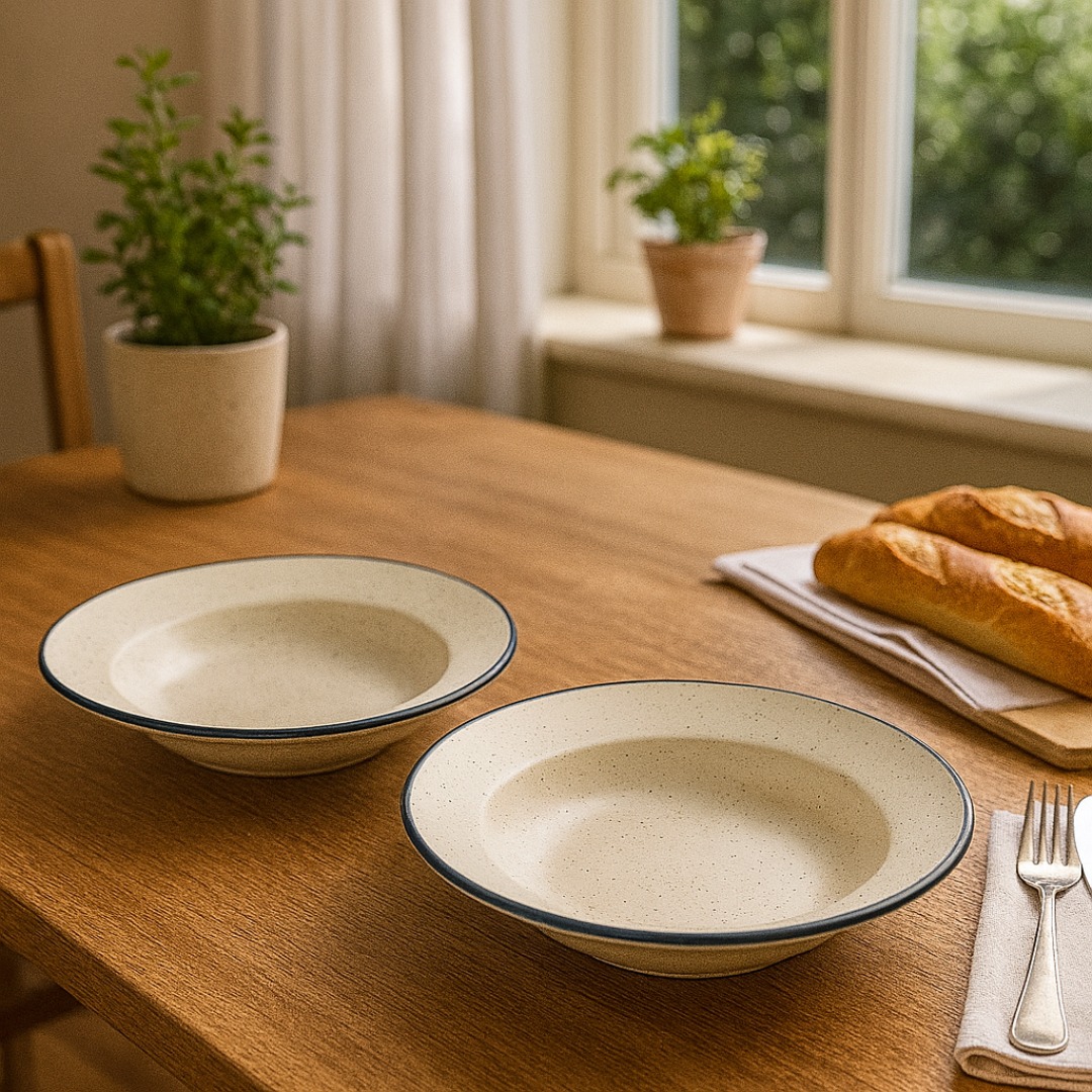 Elegant table setting with ceramic pasta plate and herb garnish
