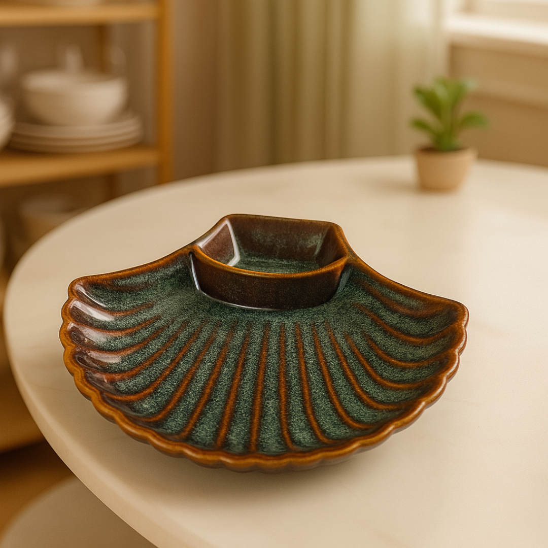 "Shell-shaped ceramic platter placed on white ceramic table with soft natural sunlight in elegant dining setup"