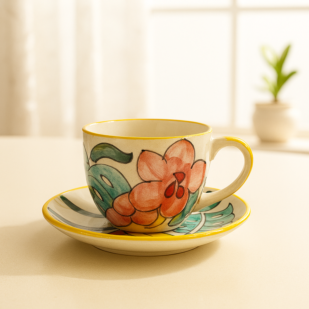 Ceramic tea cup and saucer with hand-painted tropical leaf and flower motifs, placed on a clean, white tabletop