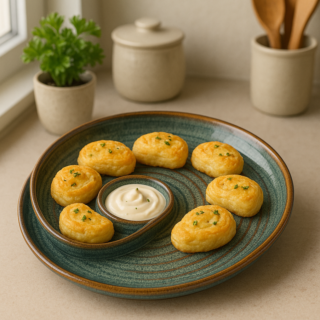 Platter serving golden puff pastries arranged in a spiral with creamy dip in the center bowl; styled near a window