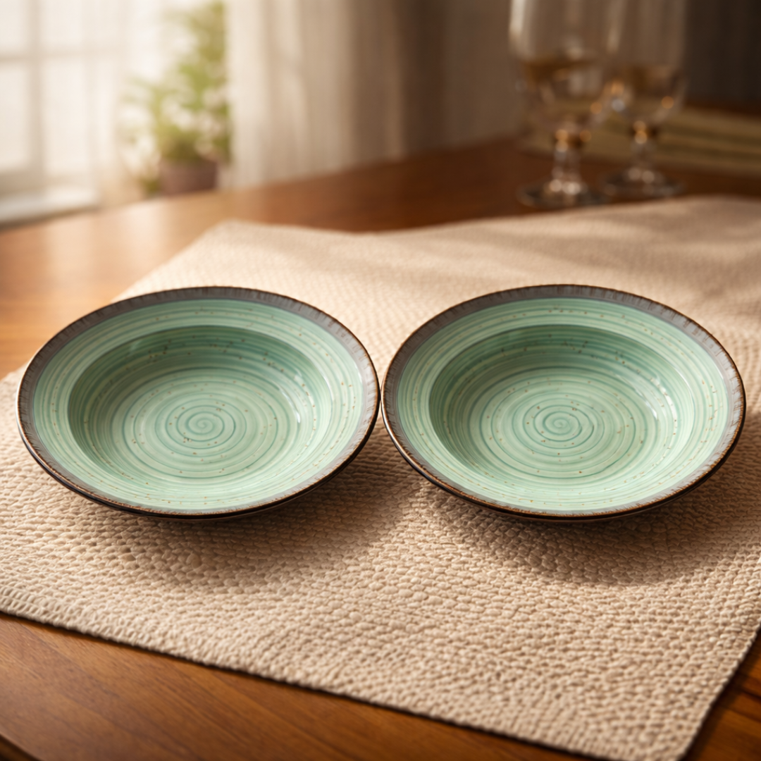 IndoCasa Handcrafted Ceramic Pasta Plate Set of 2,4 | Deep Round 9” Plates for Pasta, Salads, Bowls & Mains | Microwave & Dishwasher Safe | Sage Green with Speckled Glaze| Gift-Ready