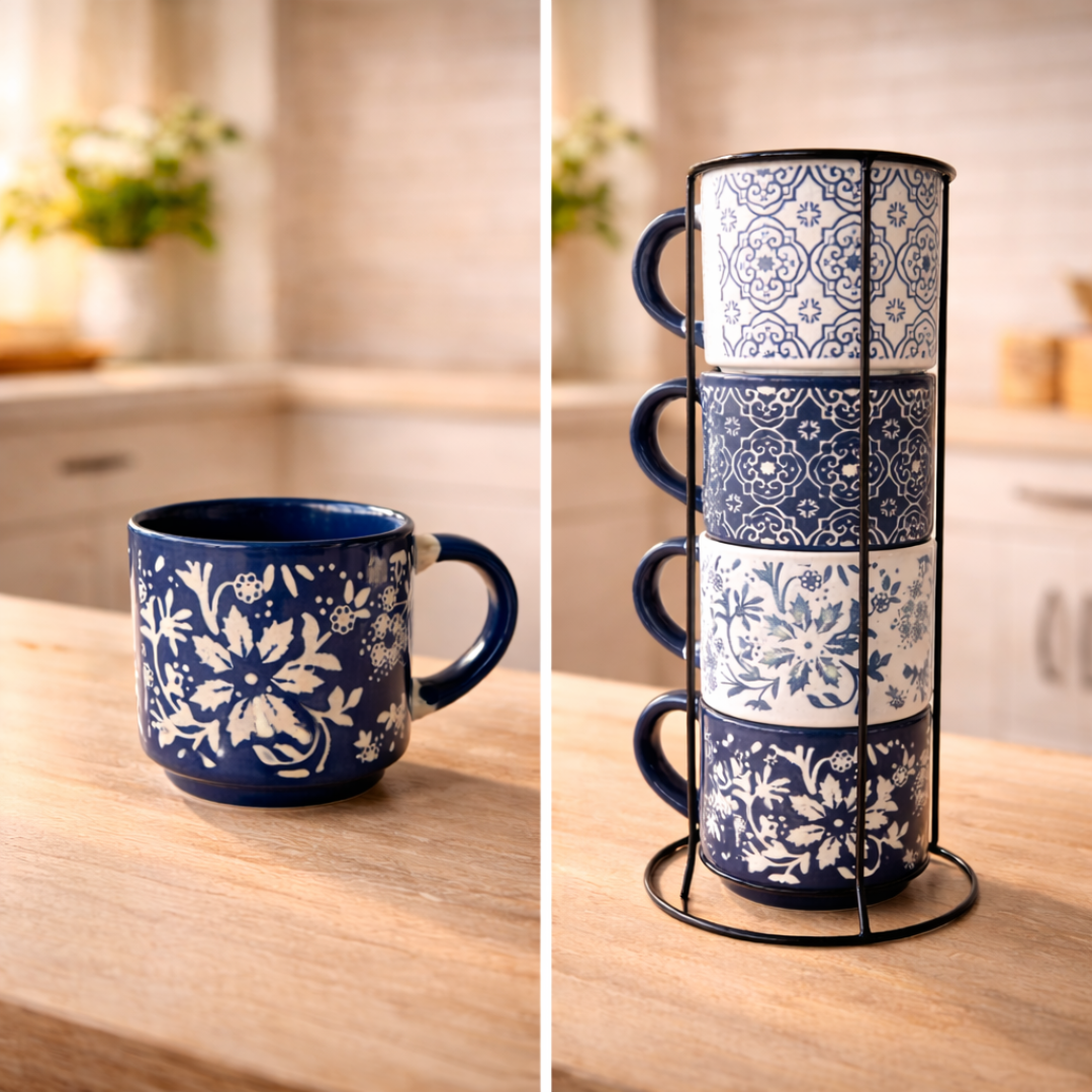 IndoCasa Ocean Floral Cups – Stackable Handcrafted Ceramic Coffee & Tea Mugs with Stand | Floral Design | Microwave & Dishwasher Safe | 220 ml (Set of 4)
