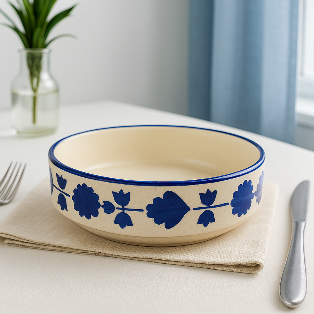 Close-up of one handcrafted ceramic bowl placed on beige napkin with cutlery and white background.