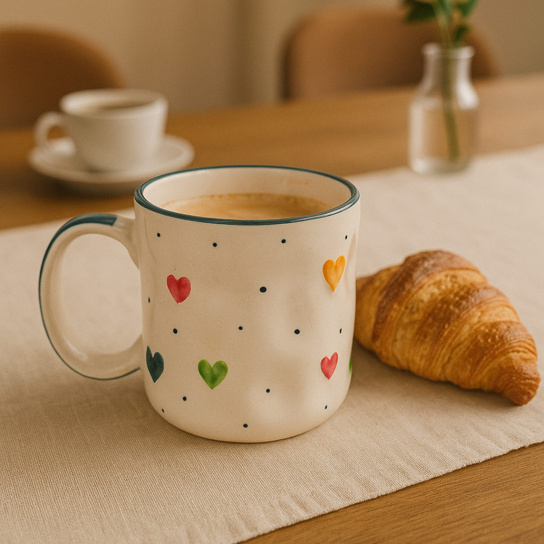 IndoCasa ceramic mug filled with coffee placed next to croissant on wooden breakfast table.