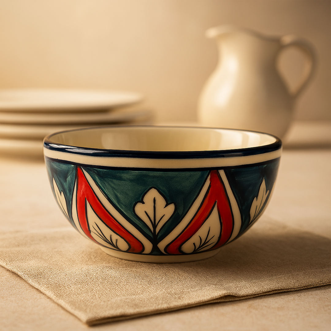 Bowl placed on beige napkin with soft shadows