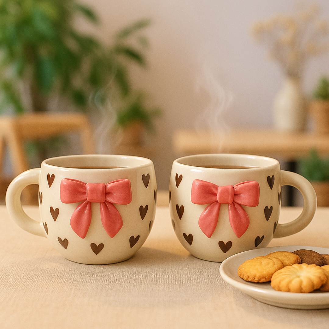 Pair of IndoCasa ceramic mugs with cookies, styled on a dining table with soft natural lighting